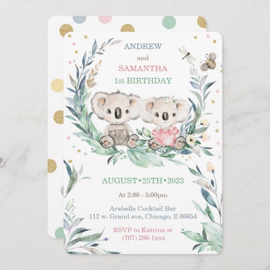 双子の最初の誕生日カードを負う 招待状 (正面/裏面)