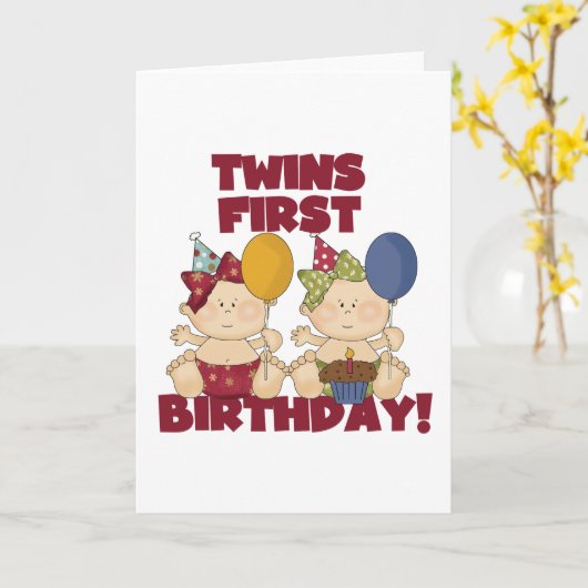 双子の最初の誕生日 – 女の子のTシャツとギフト カード (黄色い花)