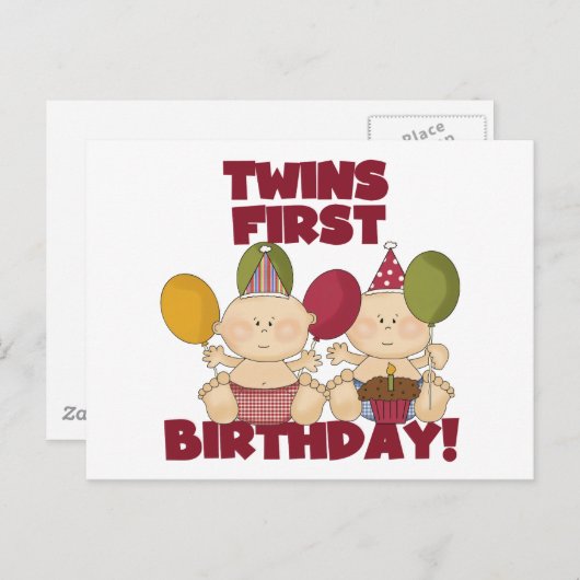 双子の最初の誕生日 – 男の子のTシャツとプレゼント ポストカード (正面/裏面)