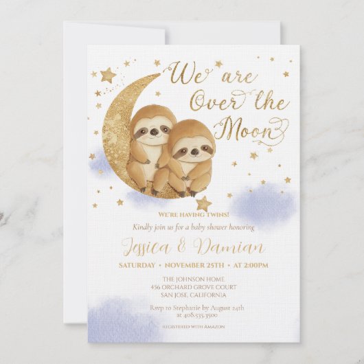 双子の月の上をスロー金ゴールド青い赤ちゃんシャワー 招待状 (正面)