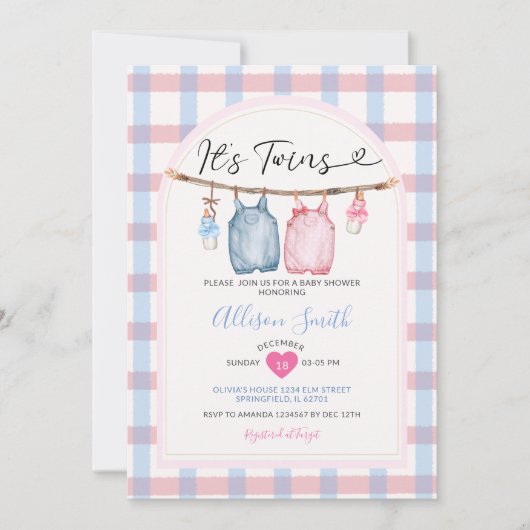 双子の服を弓の秋のギンガムベビーシャワー 招待状 (正面)