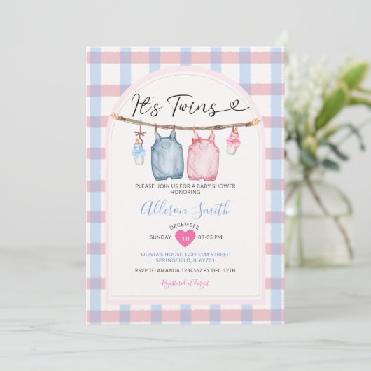 双子の服を弓の秋のギンガムベビーシャワー 招待状 (スタンド正面)