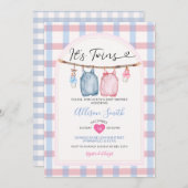 双子の服を弓の秋のギンガムベビーシャワー 招待状 (正面/裏面)