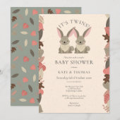 双子の森の動物 カップル ベビーシャワー 招待状 (正面/裏面)