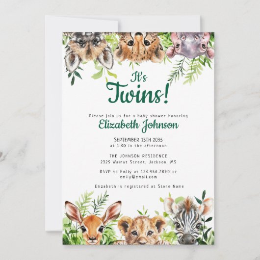双子の水彩サファリ動物ベビーシャワー 招待状 (正面)