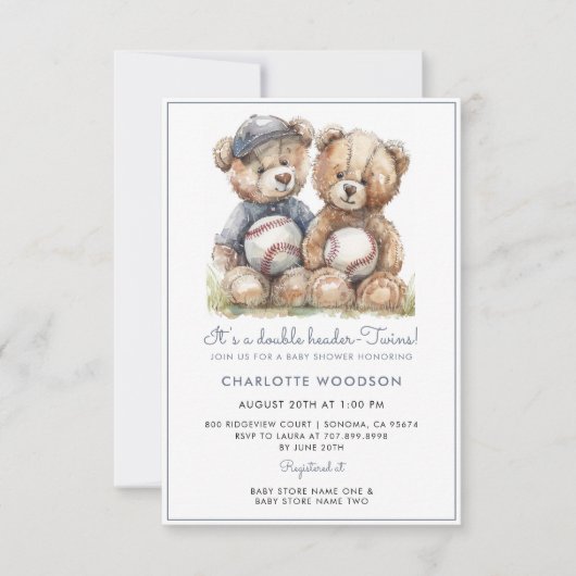 双子の水彩テディベア 招待状 (正面)