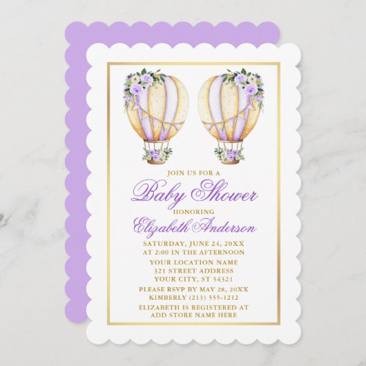 双子の水彩パープル花風船赤ちゃん歓迎会 招待状 (正面/裏面)