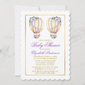 双子の水彩パープル花風船赤ちゃん歓迎会 招待状 (正面)