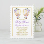 双子の水彩パープル花風船赤ちゃん歓迎会 招待状 (スタンド正面)