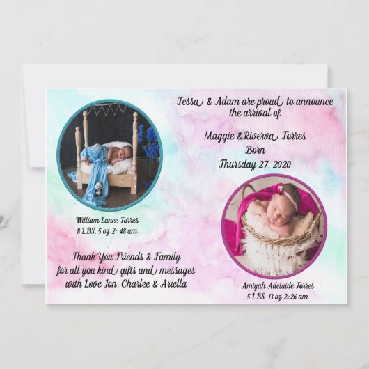 双子の水彩誕生のお知らせ 招待状 (正面)