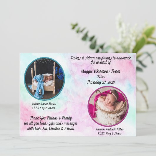 双子の水彩誕生のお知らせ 招待状 (スタンド正面)