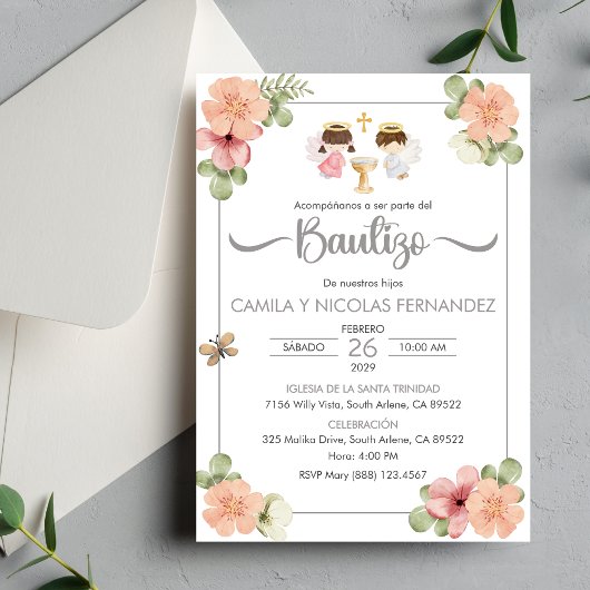双子の洗礼の招待状 スペイン語 キュートな双子の天使たち 招待状