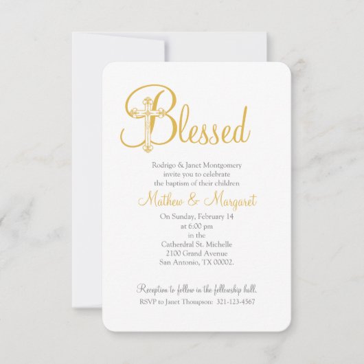 双子の洗礼または聖体拝領用のゴールドの十字架 招待状 (正面)