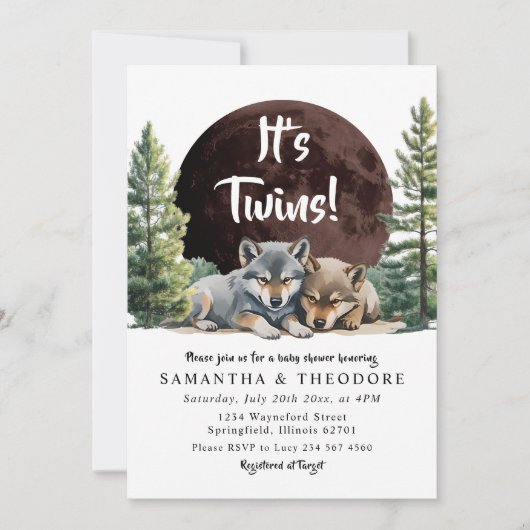 双子の狼がパックの赤ちゃんシャワーへようこそ 招待状 (正面)