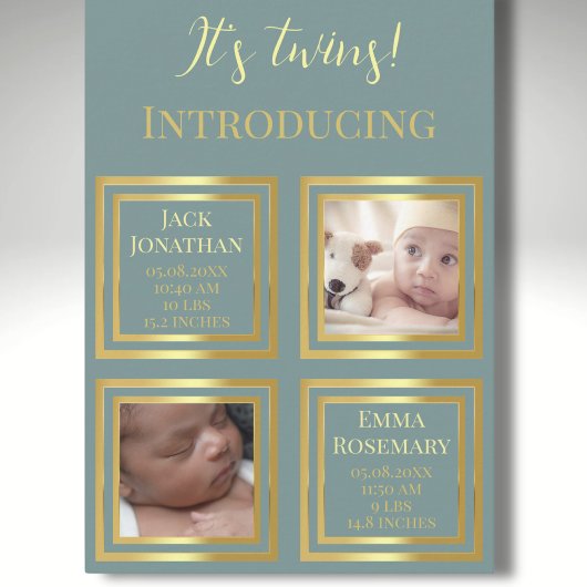 双子の生まれたばかりの双子の写真誕生の発表ブルー サンキューカード