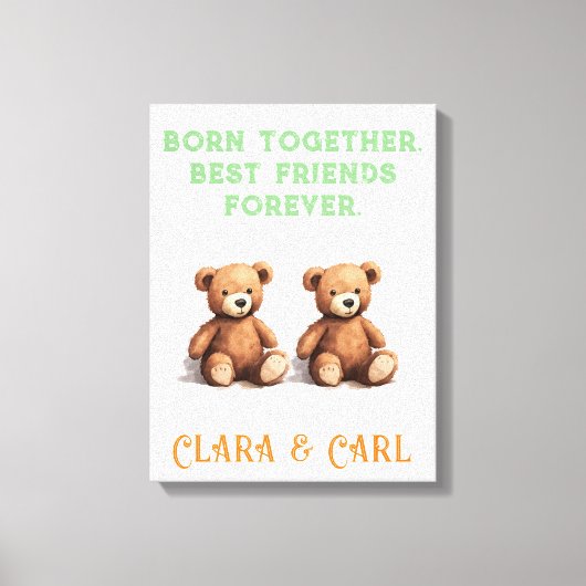 双子の生まれたばかりの子供部屋、ヴィンテージ・テディ・ベア、 キャンバスプリント (正面)