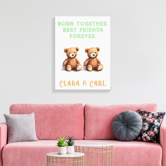 双子の生まれたばかりの子供部屋、ヴィンテージ・テディ・ベア、 キャンバスプリント (インサイチュ (リビング))
