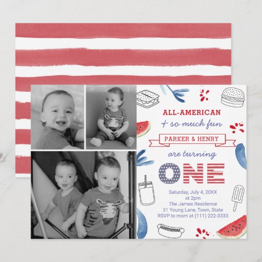双子の生後1歳の誕生日パーティー アメリカンな祝い方 招待状 (正面/裏面)