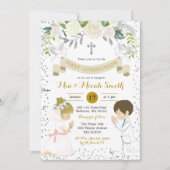 双子の男の子とブロンドの女の子が最初の聖餐式 招待状 (正面)