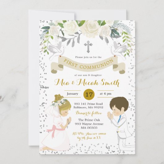 双子の男の子とブロンドの女の子が最初の聖餐式 招待状 (正面)