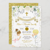 双子の男の子とブロンドの女の子が最初の聖餐式 招待状 (正面/裏面)