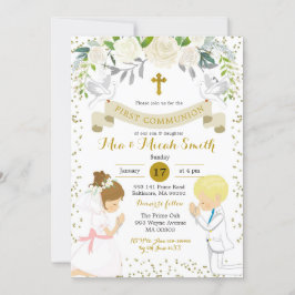 双子の男の子とブロンドの女の子が最初の聖餐式 招待状