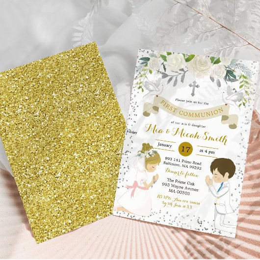 双子の男の子とブロンドの女の子が最初の聖餐式 招待状