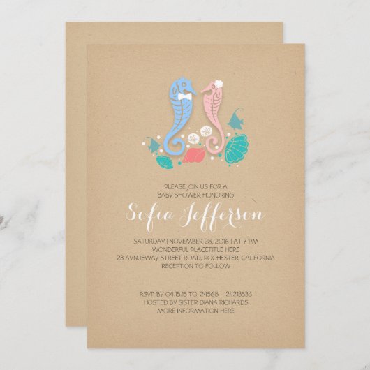 双子の男の子と女の子かわいいシーホースの赤ちゃんシャワー 招待状 (正面/裏面)