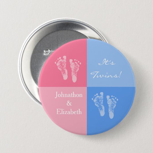 双子の男の子と女の子のかわいいピンクのベビーの足跡 缶バッジ (正面&裏面)