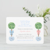 双子の男の子と女の子のプレッピーなピンクとブルーのリボン ベビーシャワー 招待状 (スタンド正面)