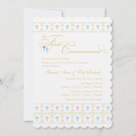 双子の男の子と女の子の初聖体拝領招待状 招待状 (正面)