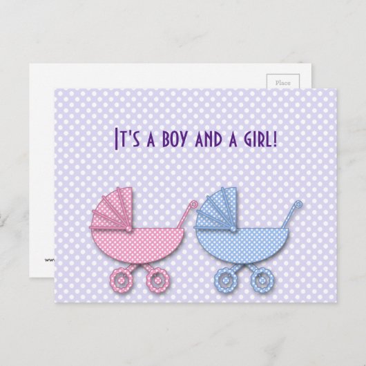 双子の男の子と女の子の水玉模様ベビーカー – ギフト 案内ポストカード (正面/裏面)