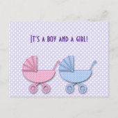 双子の男の子と女の子の水玉模様ベビーカー – ギフト 案内ポストカード (正面)
