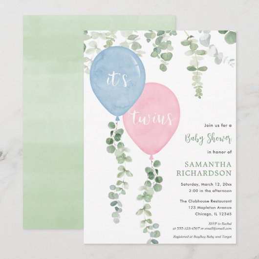 双子の男の子と女の子の青とピンクの風船のベビーシャワー 招待状 (正面/裏面)