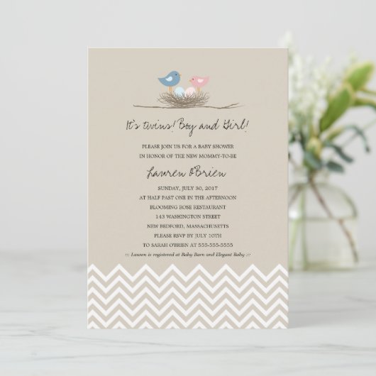 双子の男の子と女の子の鳥の巣の赤ちゃんシャワー 招待状 (スタンド正面)