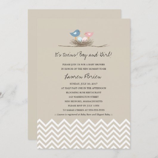 双子の男の子と女の子の鳥の巣の赤ちゃんシャワー 招待状 (正面/裏面)