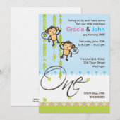 双子の男の子と女の子の1歳誕生日招待状 招待状 (正面/裏面)