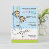 双子の男の子と女の子の1歳誕生日招待状 招待状 (スタンド正面)