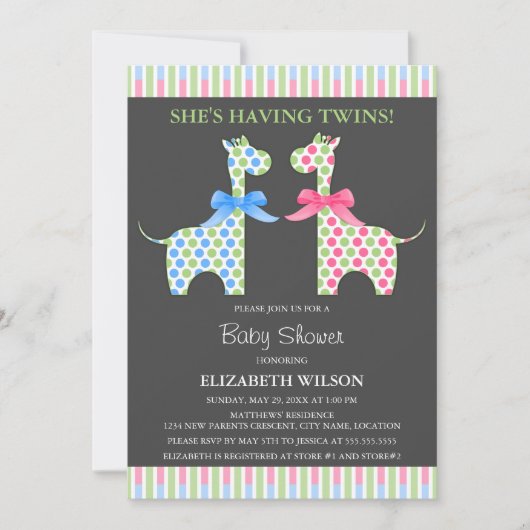 双子の男の子と女の子キリン赤ちゃんシャワー 招待状 (正面)