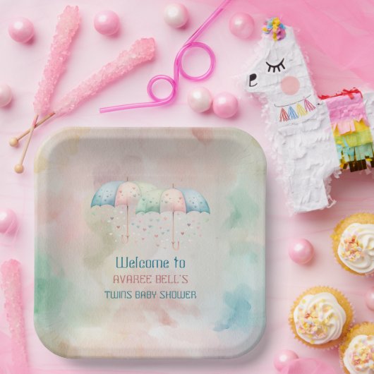双子の男の子と女の子シャワー傘 ペーパープレート (パーティー)