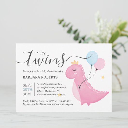 双子の男の子と女の子ピンクの恐竜の赤ちゃんシャワー 招待状 (スタンド正面)