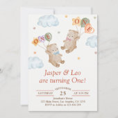 双子の男の子と女の子 - テディベアパーティー誕生日 招待状 (正面)