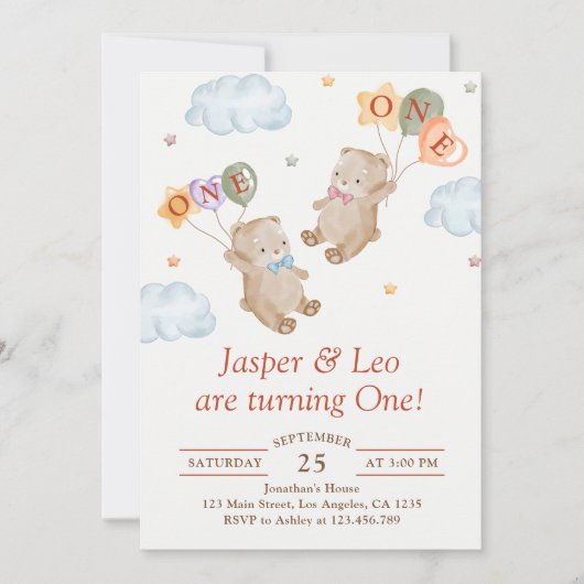 双子の男の子と女の子 - テディベアパーティー誕生日 招待状 (正面)