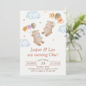 双子の男の子と女の子 - テディベアパーティー誕生日 招待状 (スタンド正面)