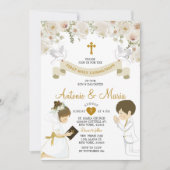 双子の男の子と女の祈子の花の最初の聖餐式 招待状 (正面)