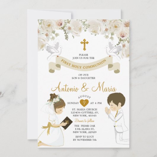 双子の男の子と女の祈子の花の最初の聖餐式 招待状 (正面)