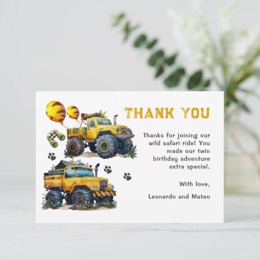 双子の男の子のサファリジャングルモンスタートラック誕生日 サンキューカード (スタンド正面)