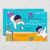 双子の男の子のシュノーケリング誕生日招待状 招待状 (正面/裏面)