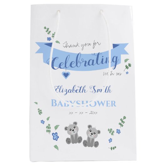 双子の男の子のベビーは赤ちゃんシャワーを負担 ミディアムペーパーバッグ (正面)