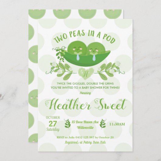 双子の男の子のベビーシャワー招待状 ツー・ピース・イン・ア・ポッド 招待状 (正面/裏面)
